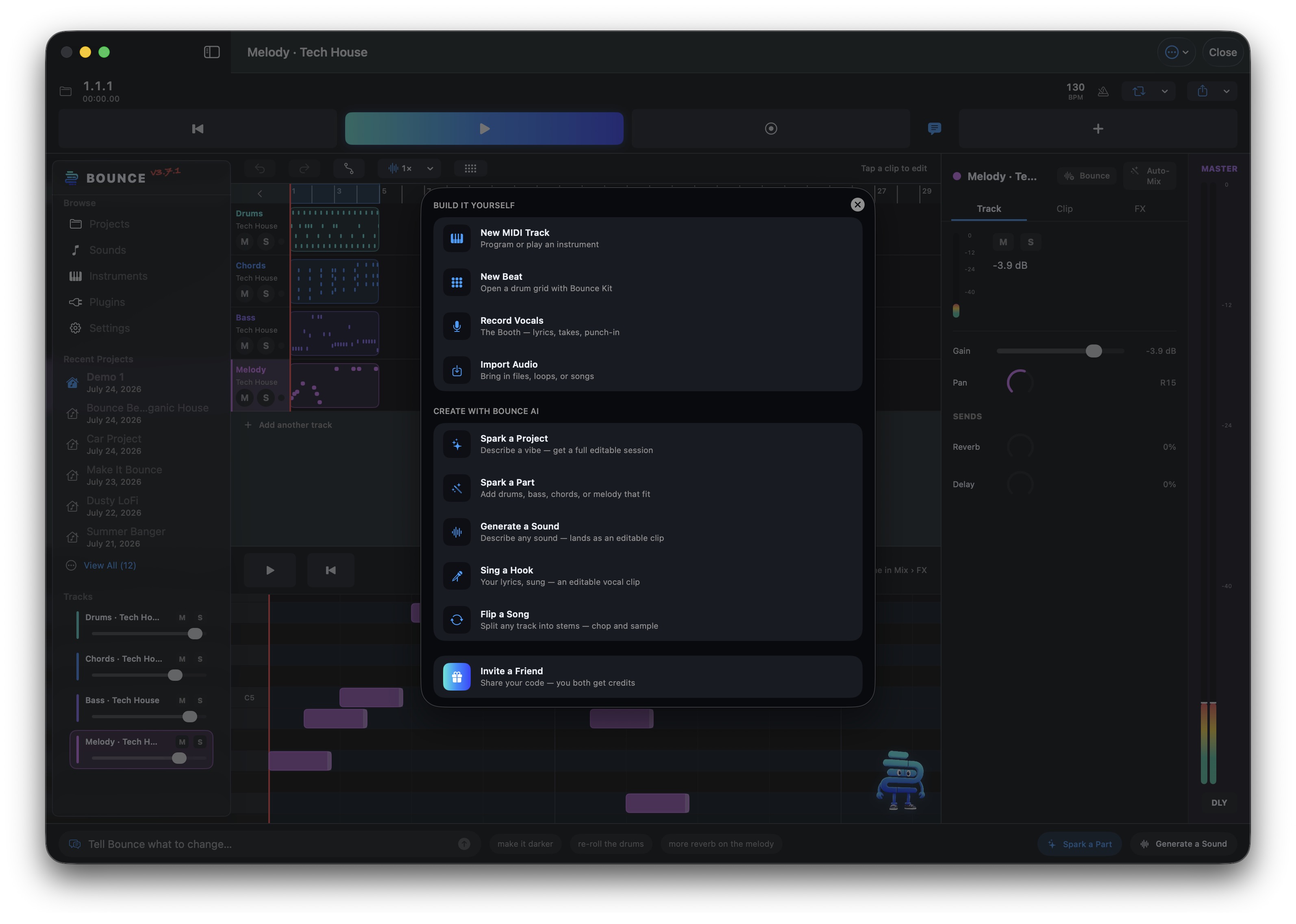 Bounce for Mac — the Add sheet with “Build it yourself” and “Create with Bounce AI” groups