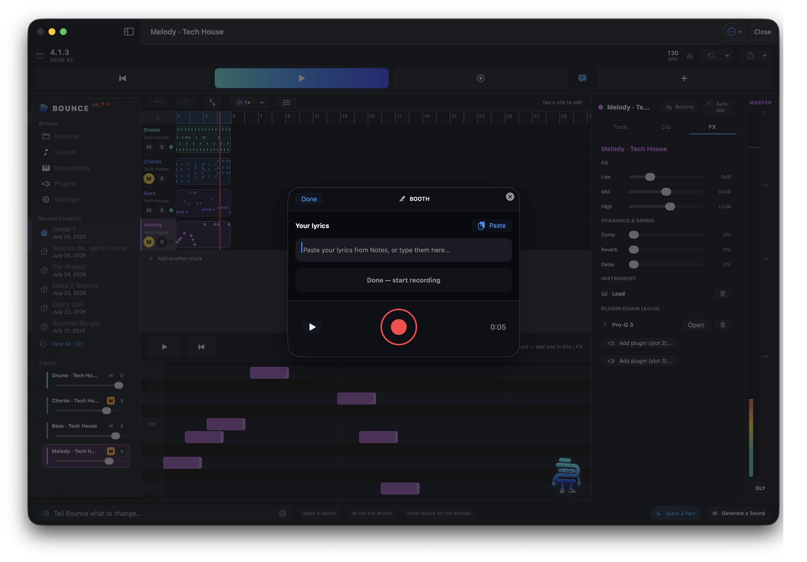 Bounce for Mac — the Booth vocal-recording panel