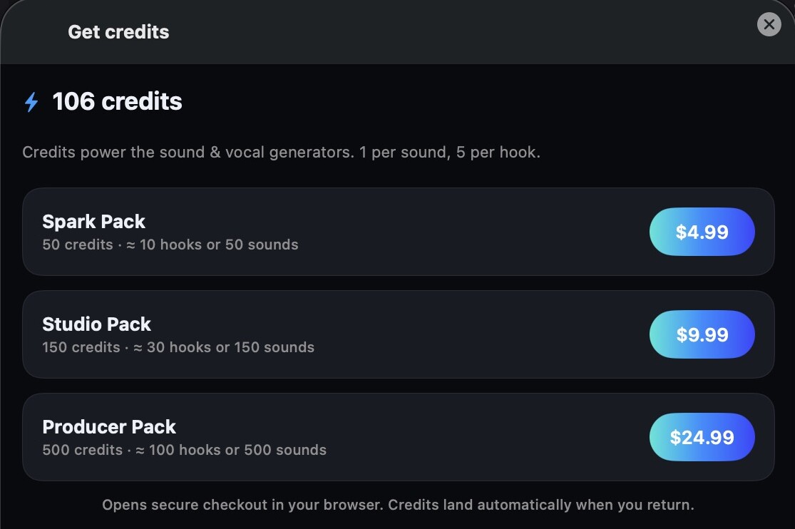 Bounce for Mac — the Get credits sheet