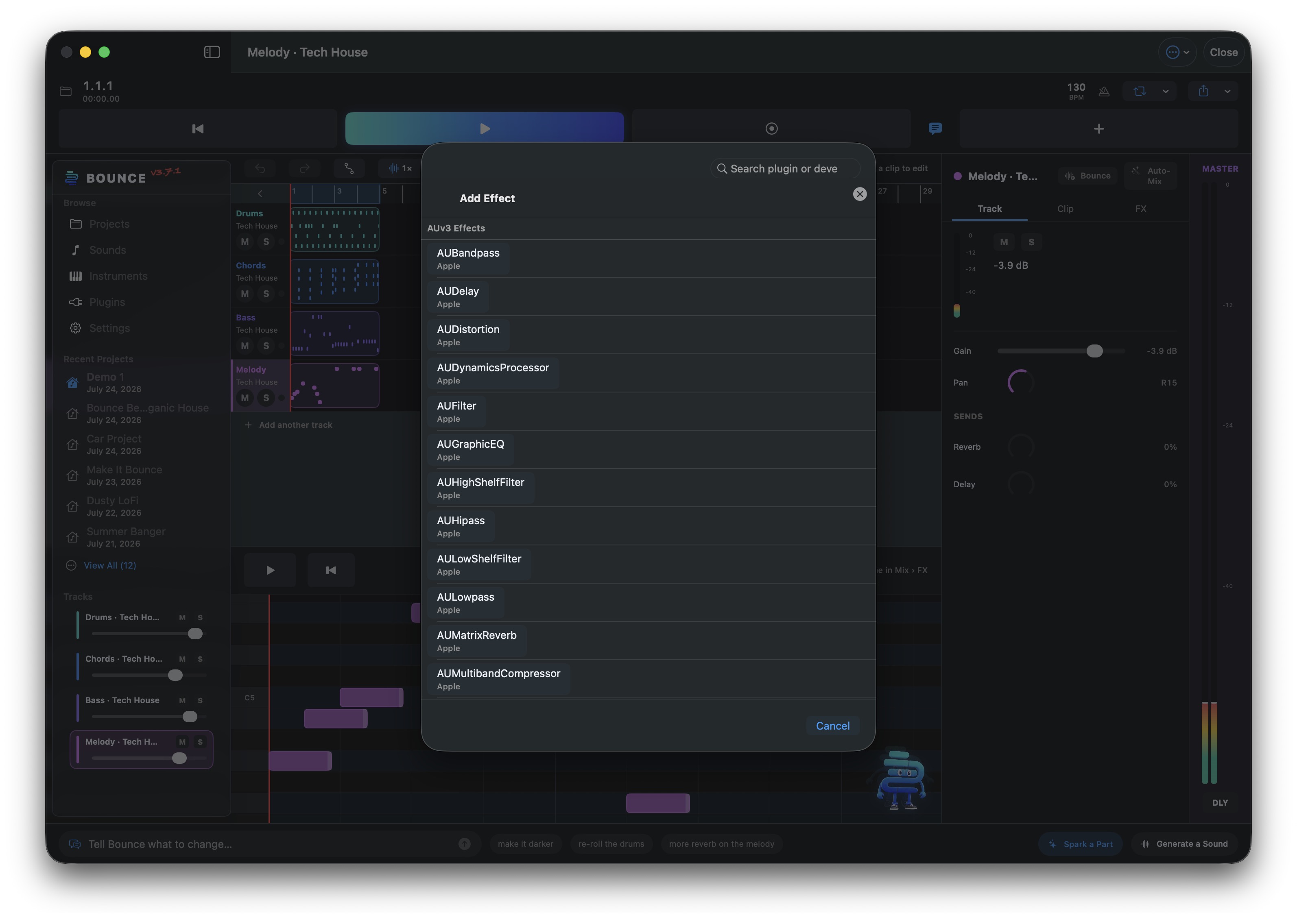 Bounce for Mac — the Add Effect browser