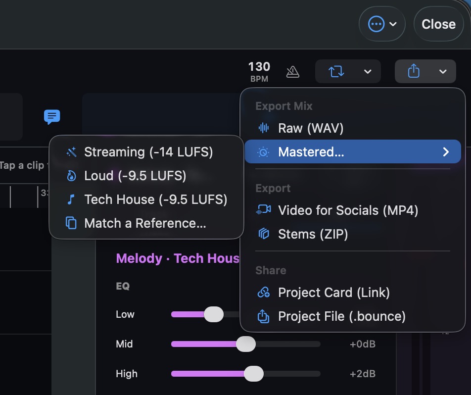 Bounce for Mac — the export and share menu