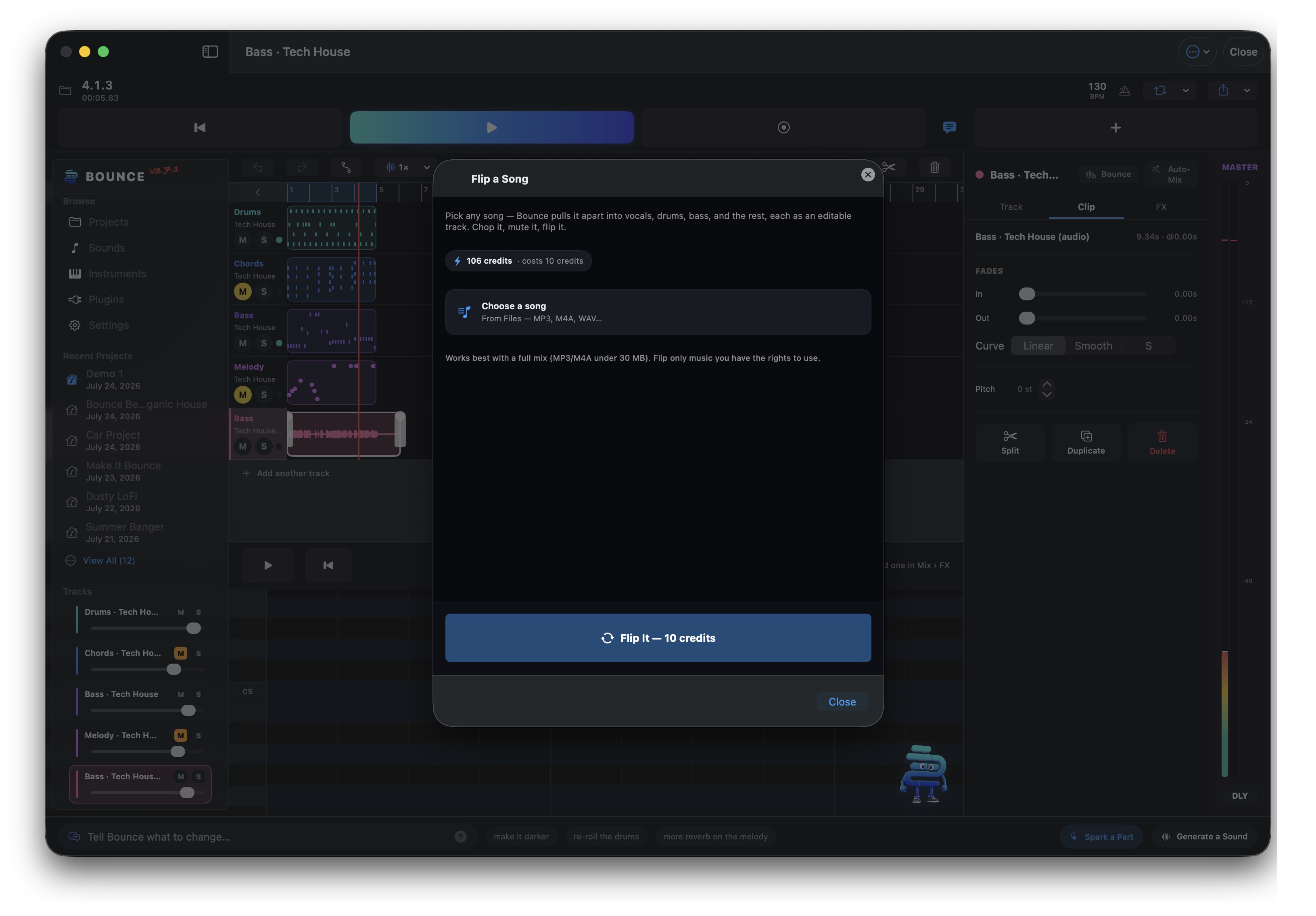 Bounce for Mac — the Flip a Song sheet