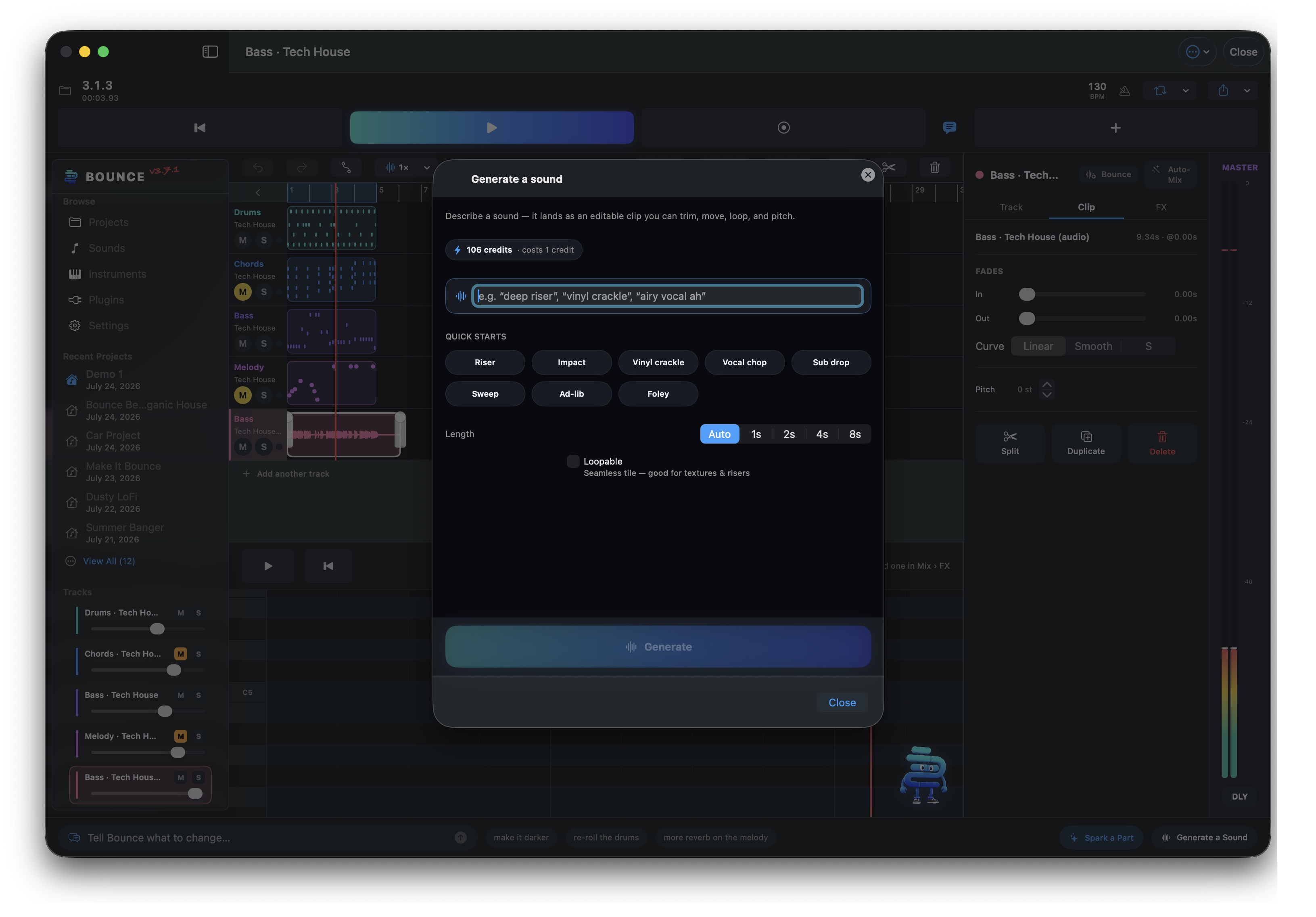 Bounce for Mac — the Generate a Sound sheet