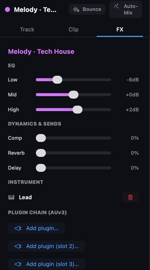 Bounce for Mac — the FX tab of the track inspector