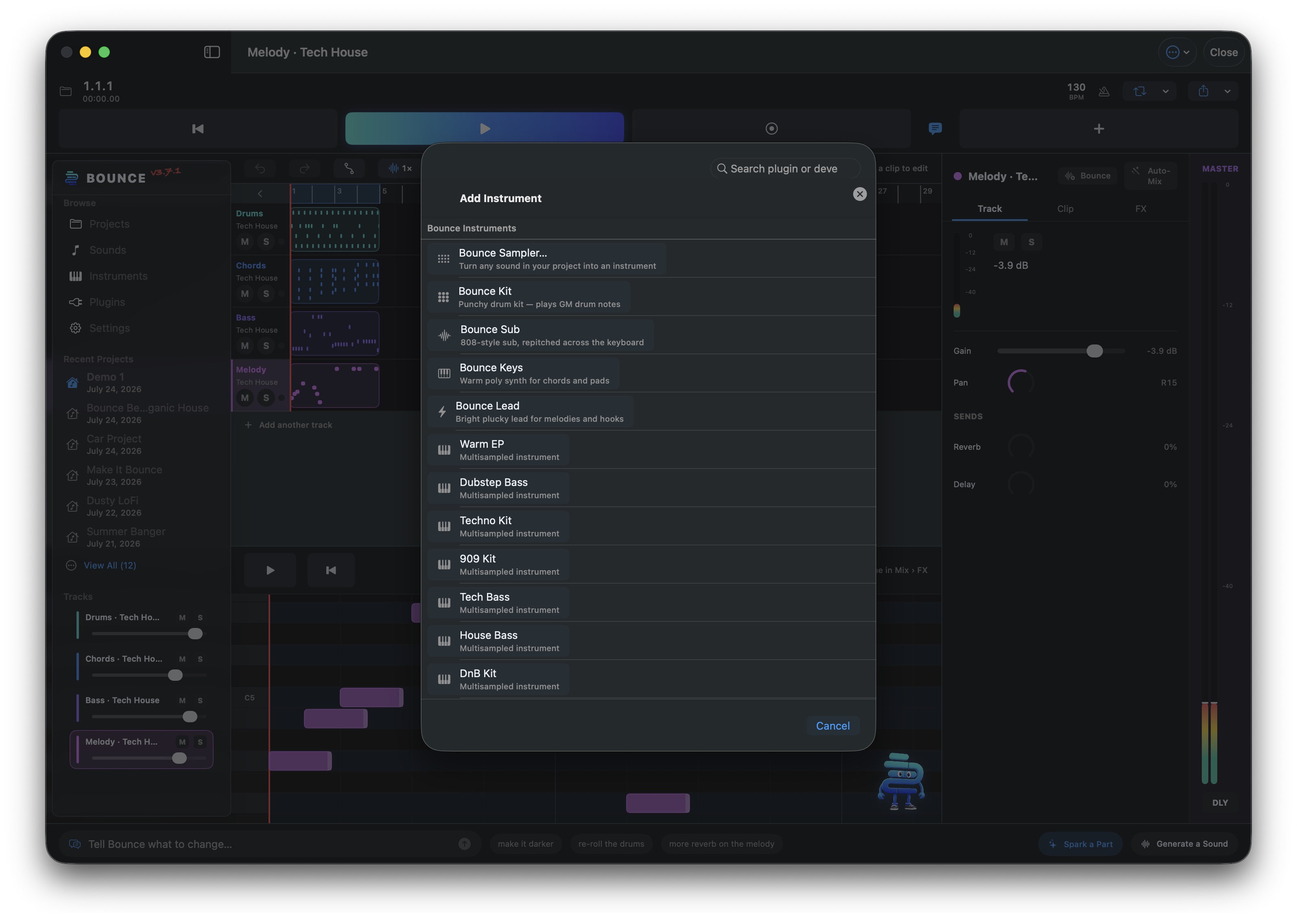 Bounce for Mac — the Add Instrument sheet