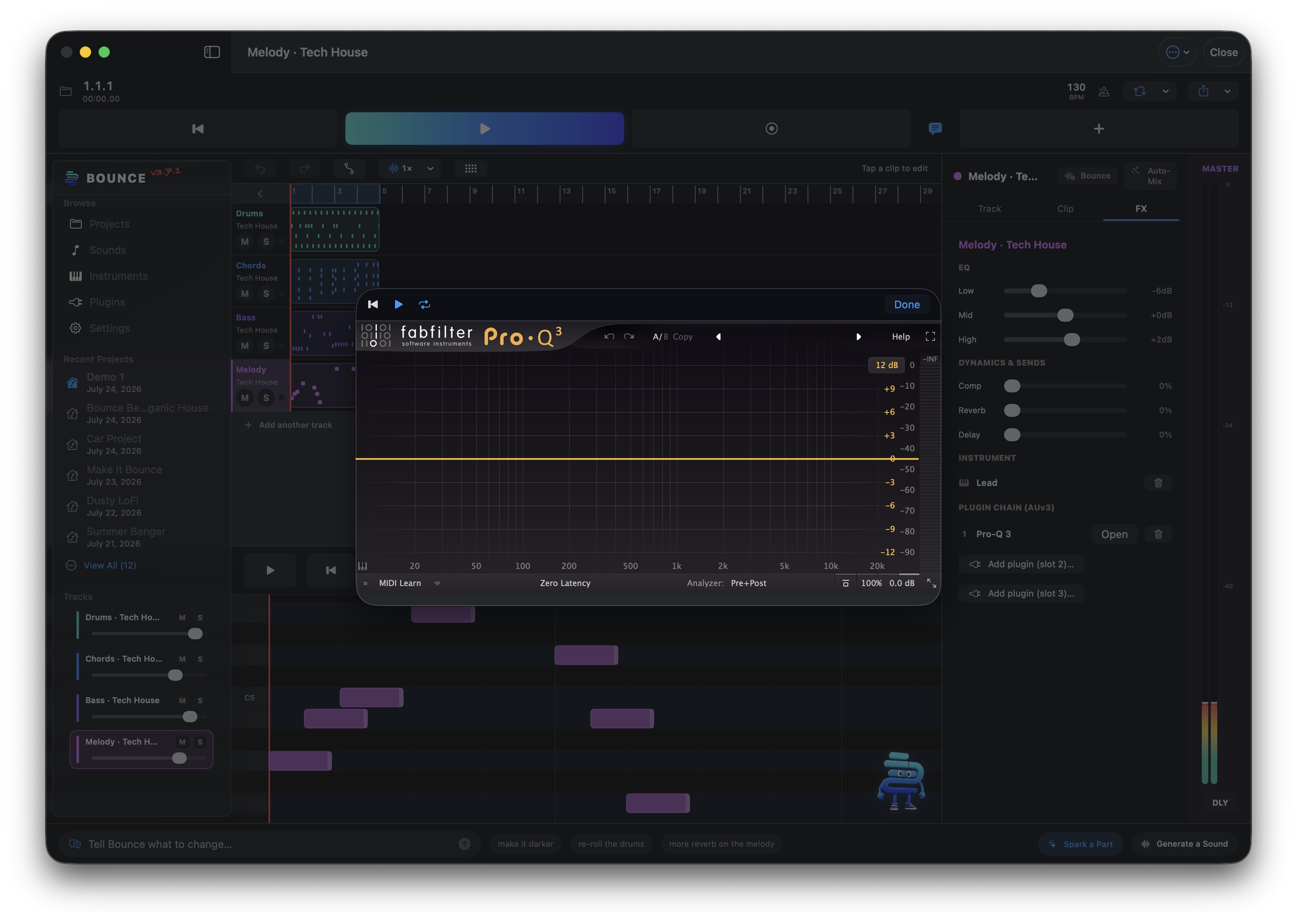 FabFilter Pro-Q 3 plugin editor open inside Bounce for Mac