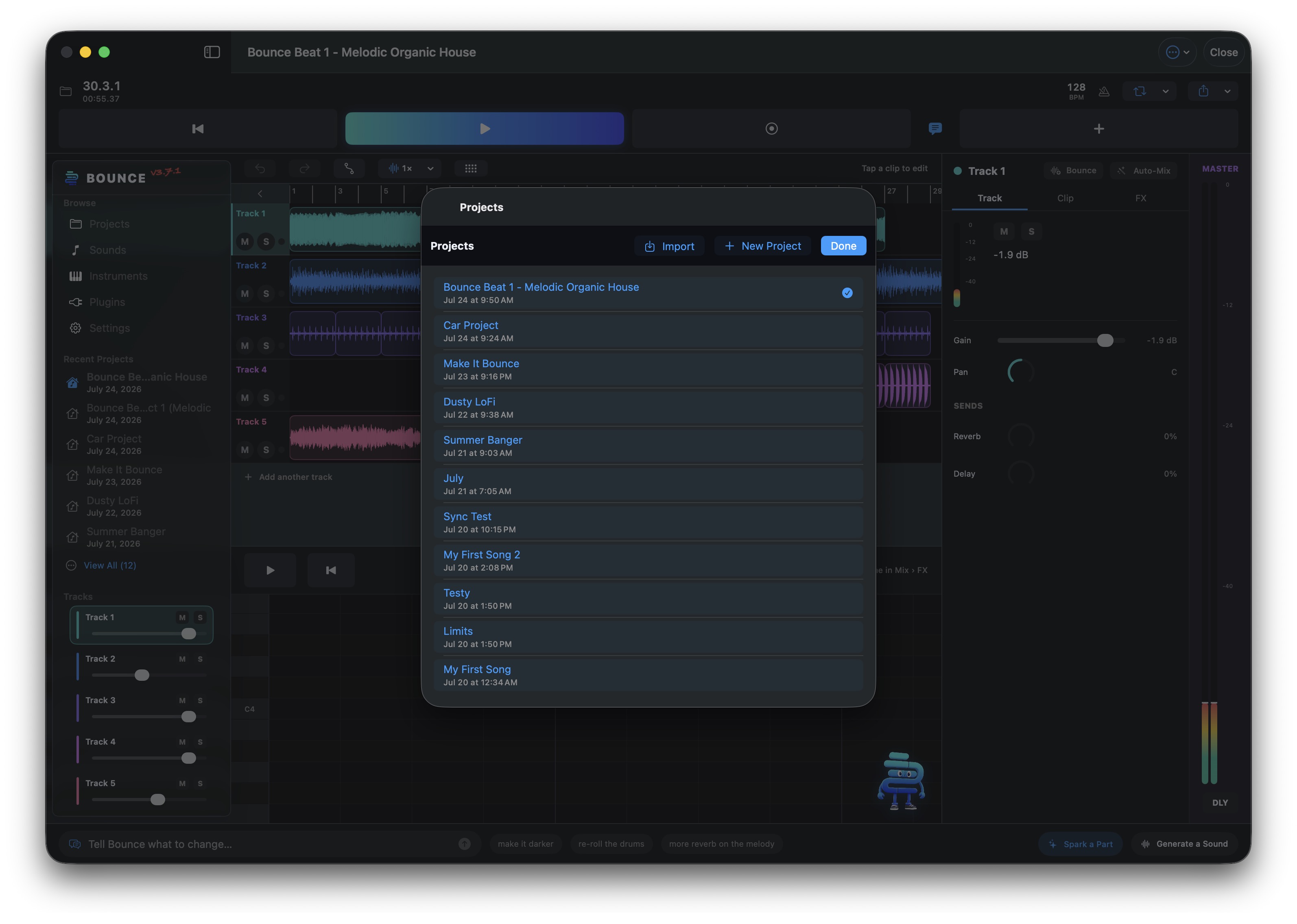 Bounce for Mac — the Projects browser sheet