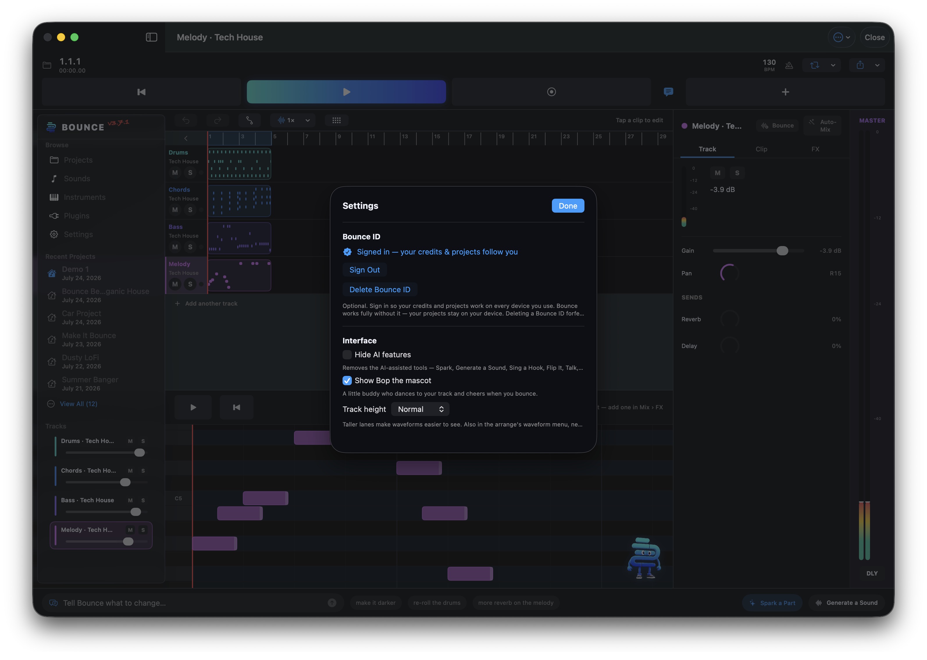 Bounce for Mac — Settings sheet showing Bounce ID and Interface options