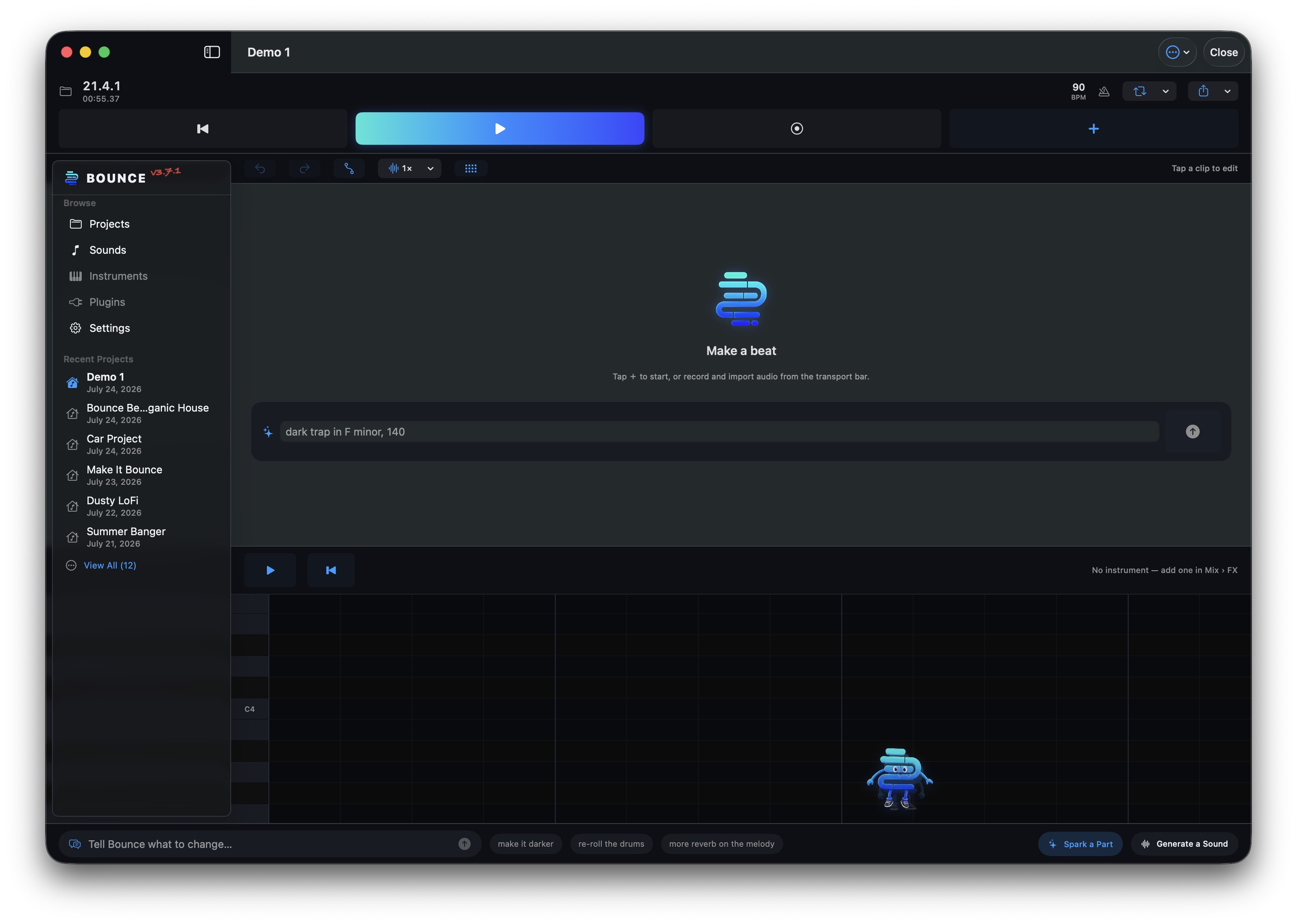 Bounce for Mac — new project “Make a beat” screen with the Spark prompt