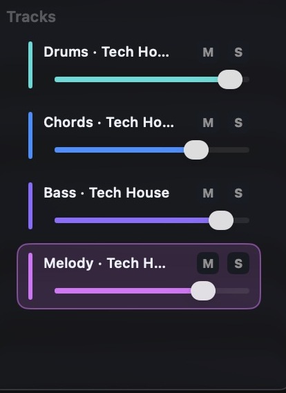 Bounce for Mac — the sidebar Tracks rail with mute, solo, and gain per track